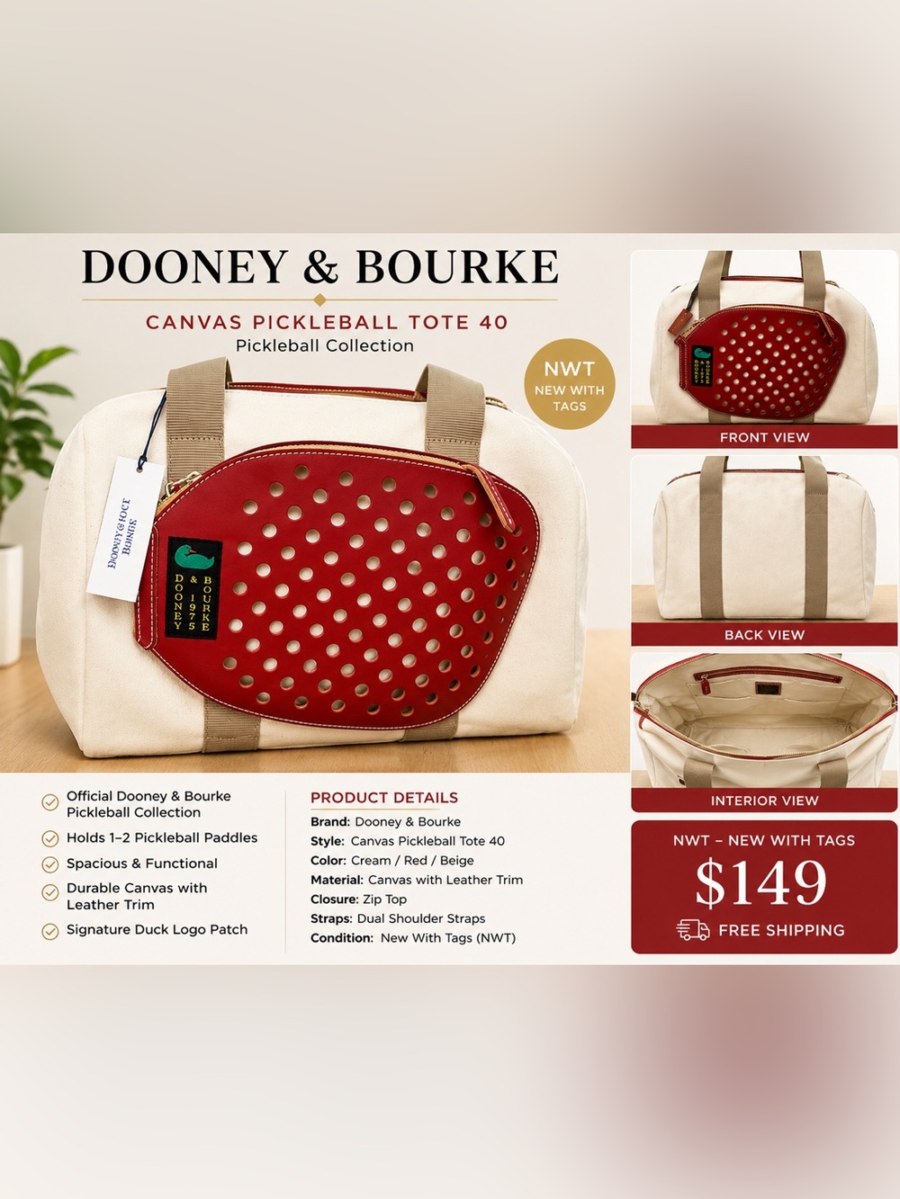 Dooney & Bourke Cream Canvas Tote with Red Leather Paddle Pocket
